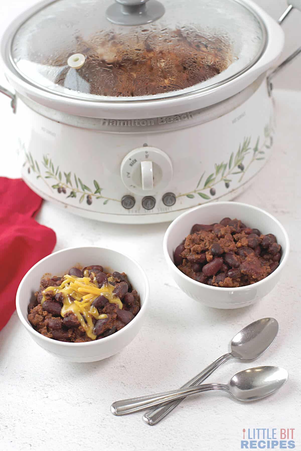 chili for two in bowls with small crock pot.