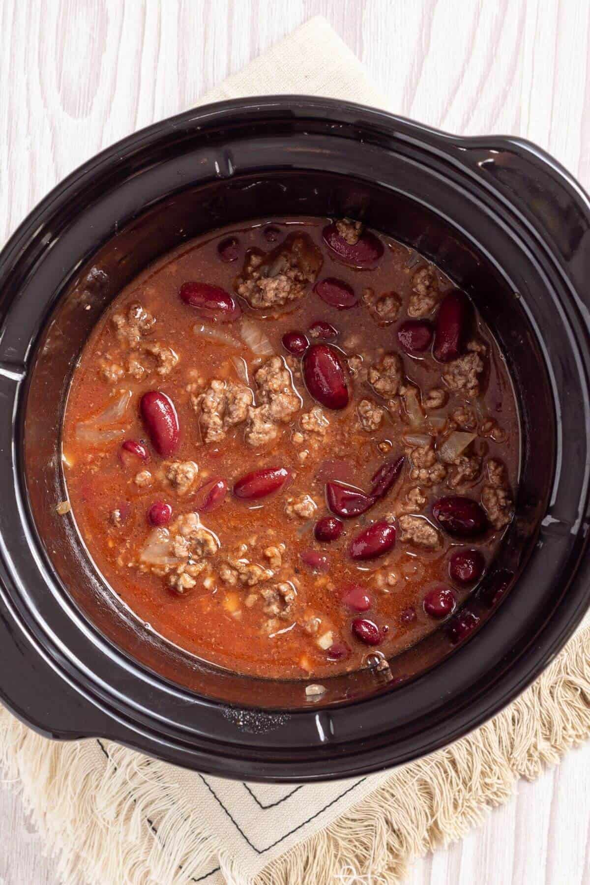 Chili for two cooked in a crock pot with beans.