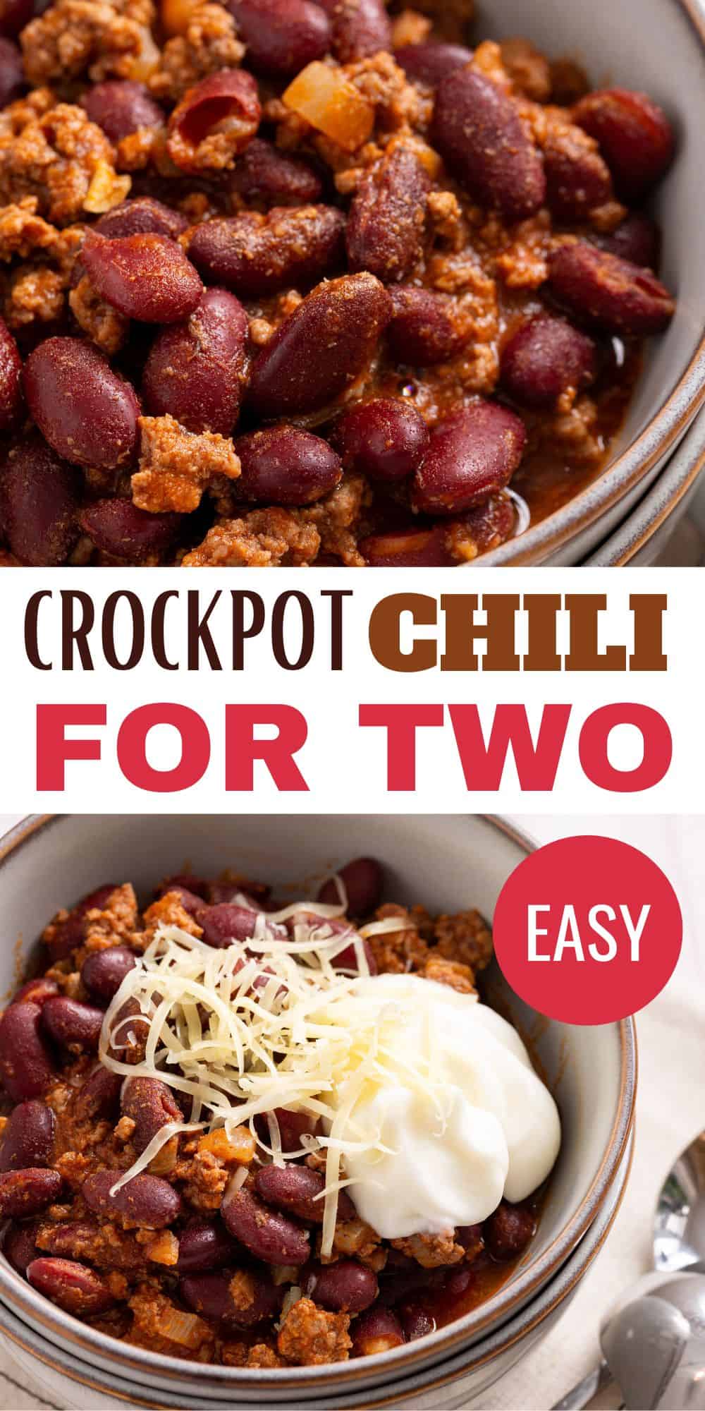 Crockpot chili for two is served in a bowl with sour cream.