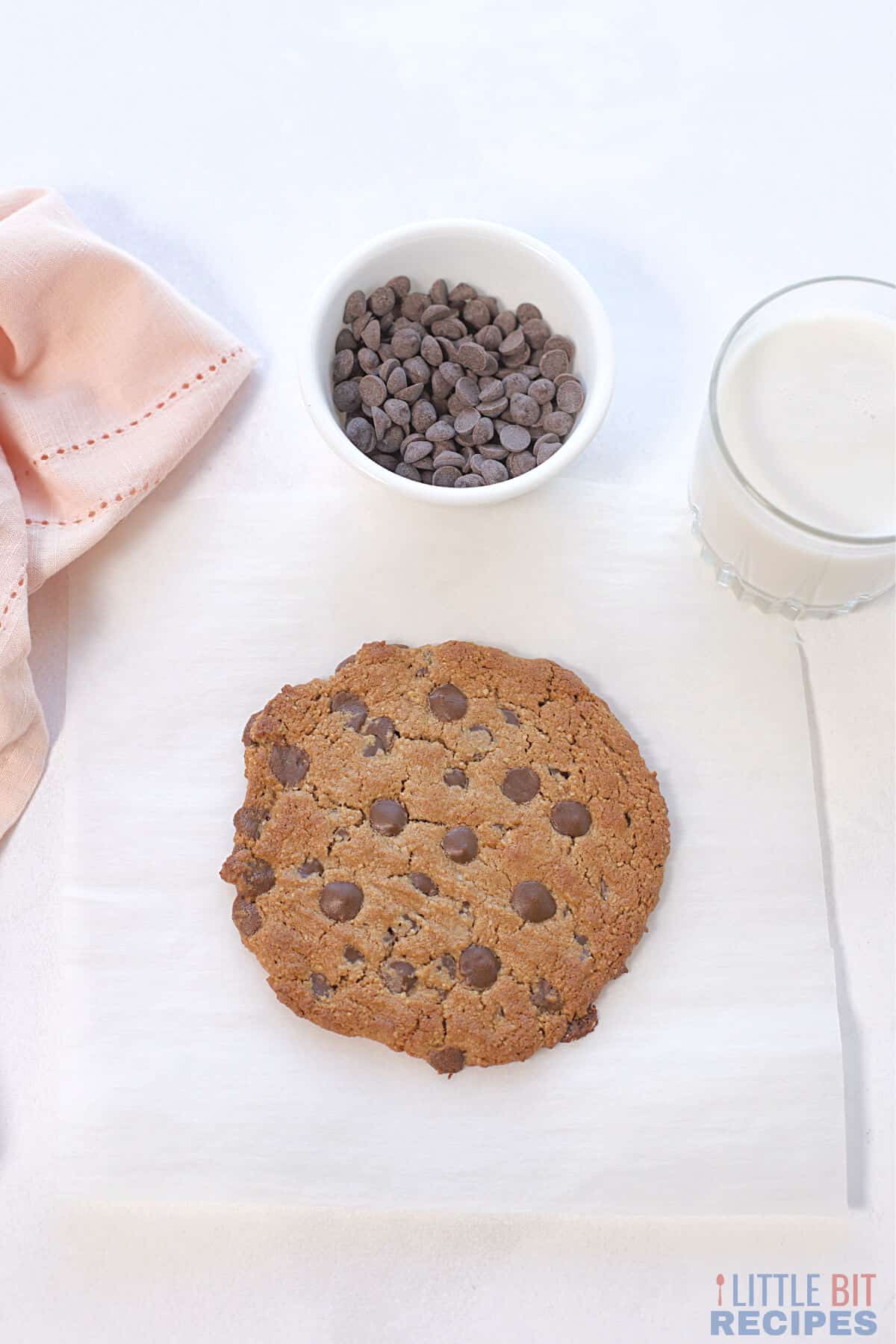 large single serve cookie with milk and chocolate chips.