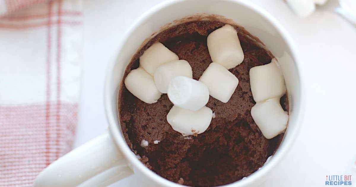 hot chocolate mug cake overhead with spoonful out.