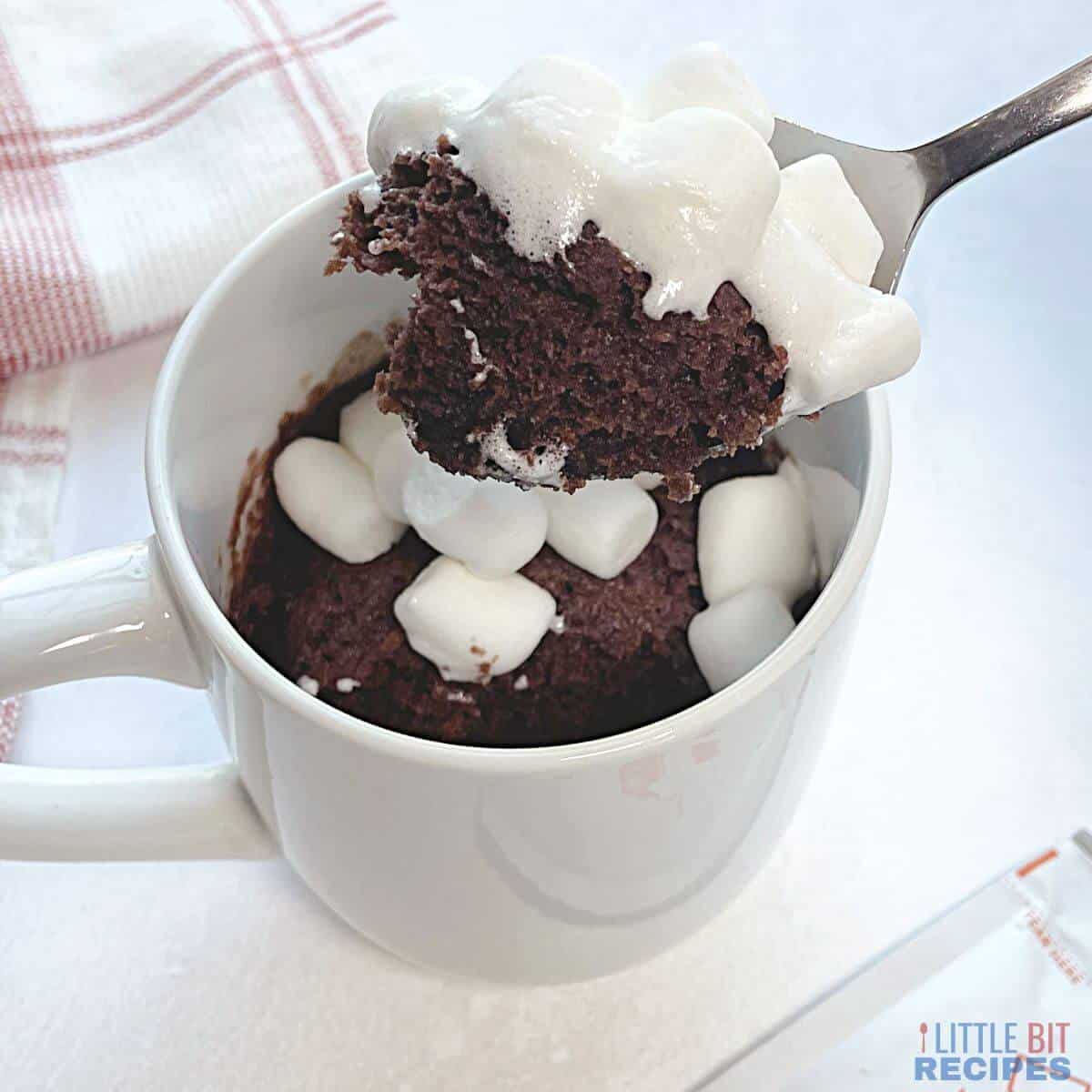 hot chocolate mug cake topped with mini marshmallows.