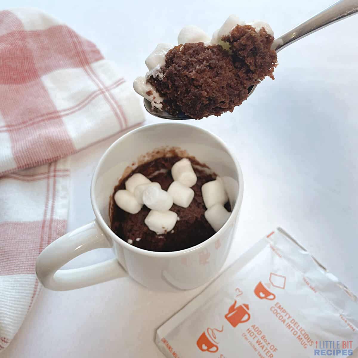 hot cocoa mug cake on spoon