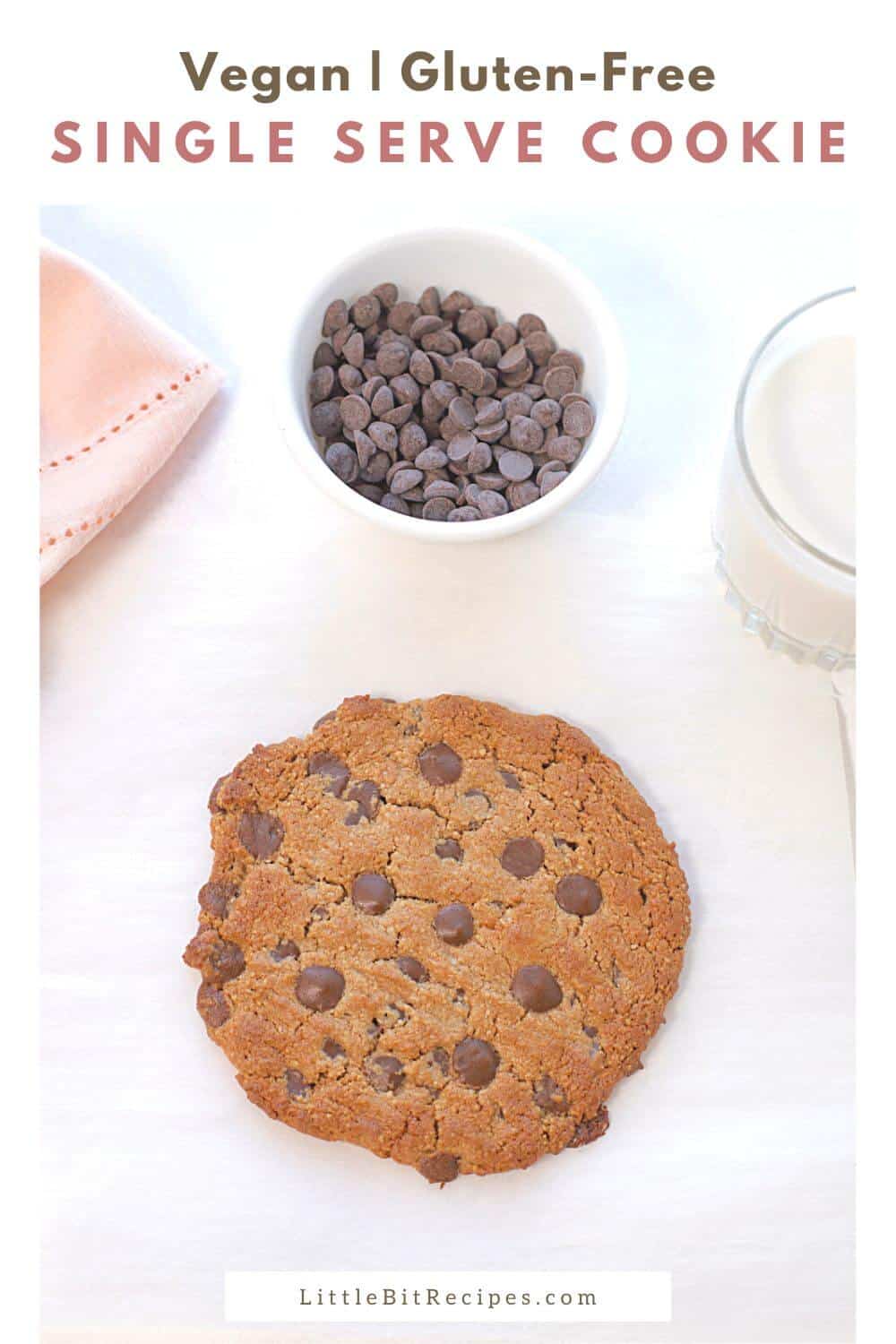 single serve cookie with chocolate chips and text.