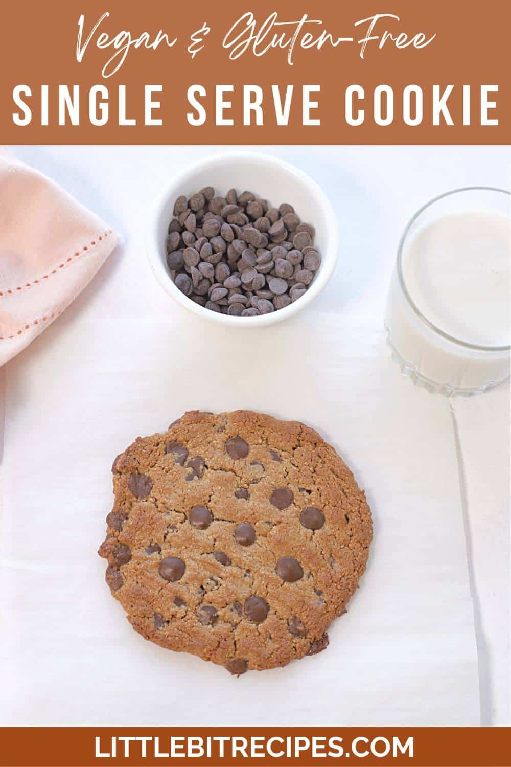 single serve cookie with chocolate chips and text.