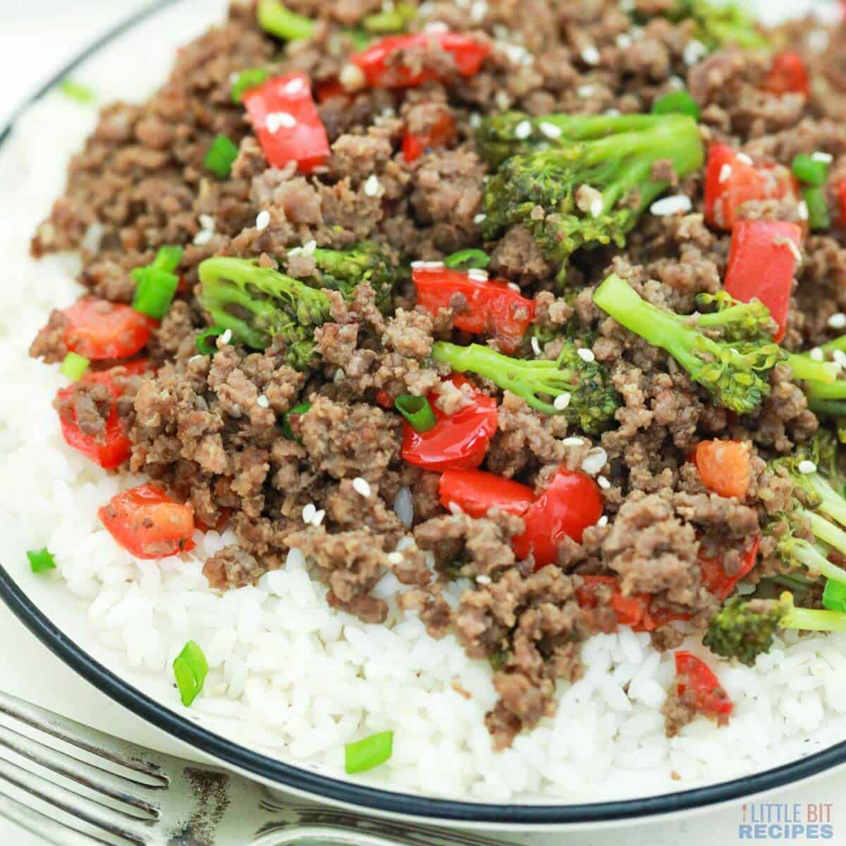 korean ground beef broccoli served over white rice.