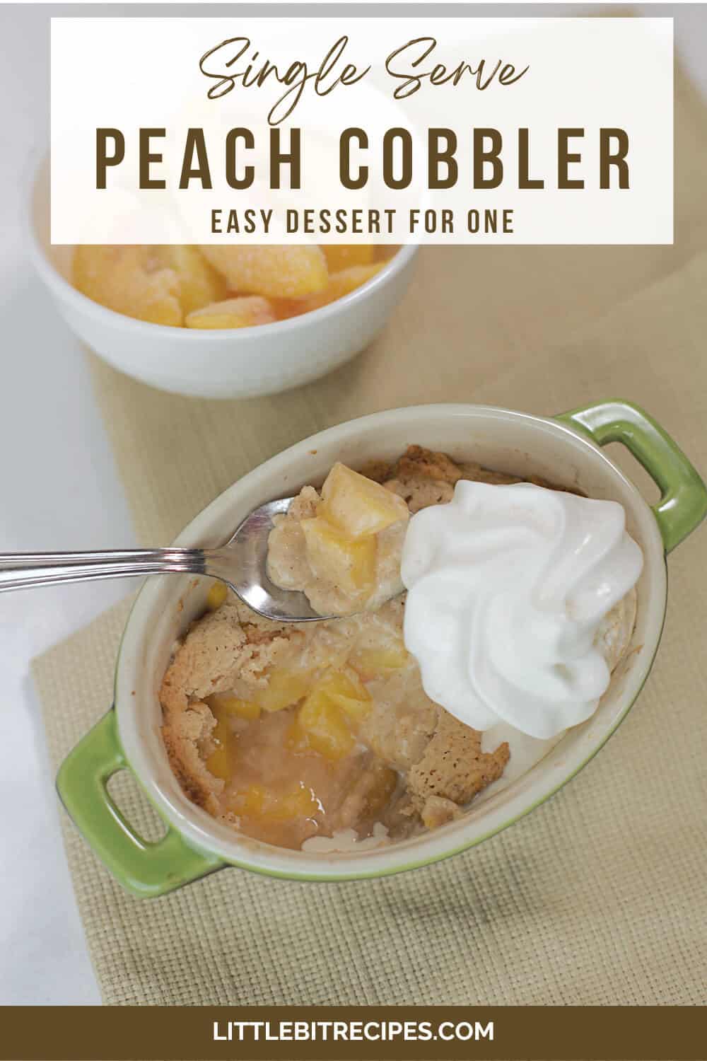 peach cobbler for one with text overlay.