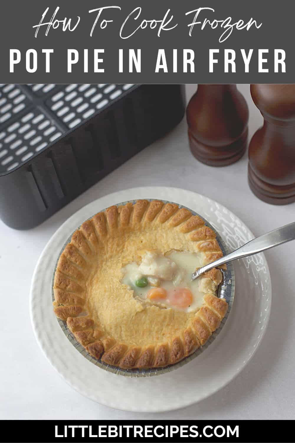 air fryer cooked pot pie with text overlay.