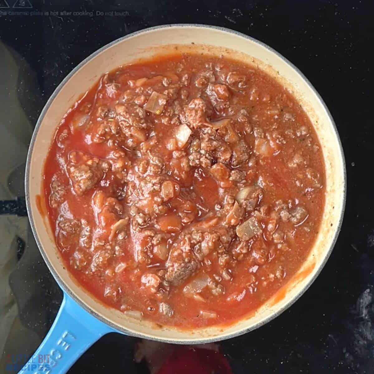 tomato sauce added to skillet.