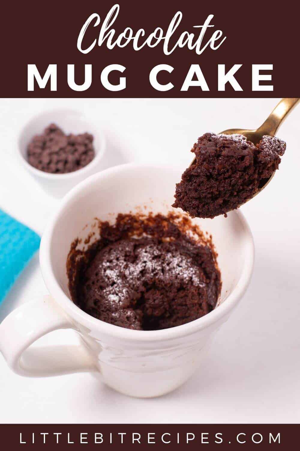 chocolate mug cake with text.