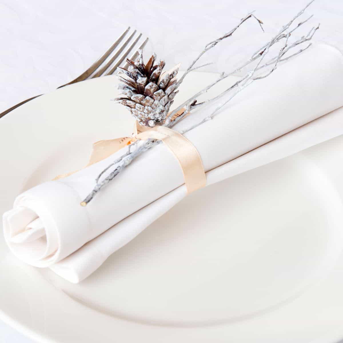 white plate with christmas napkin on top.