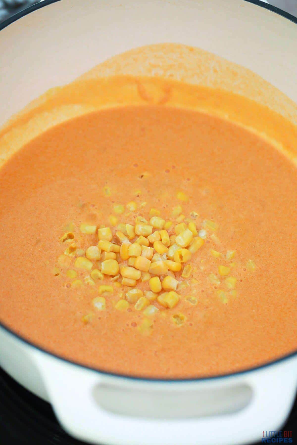 corn added to shrimp bisque.