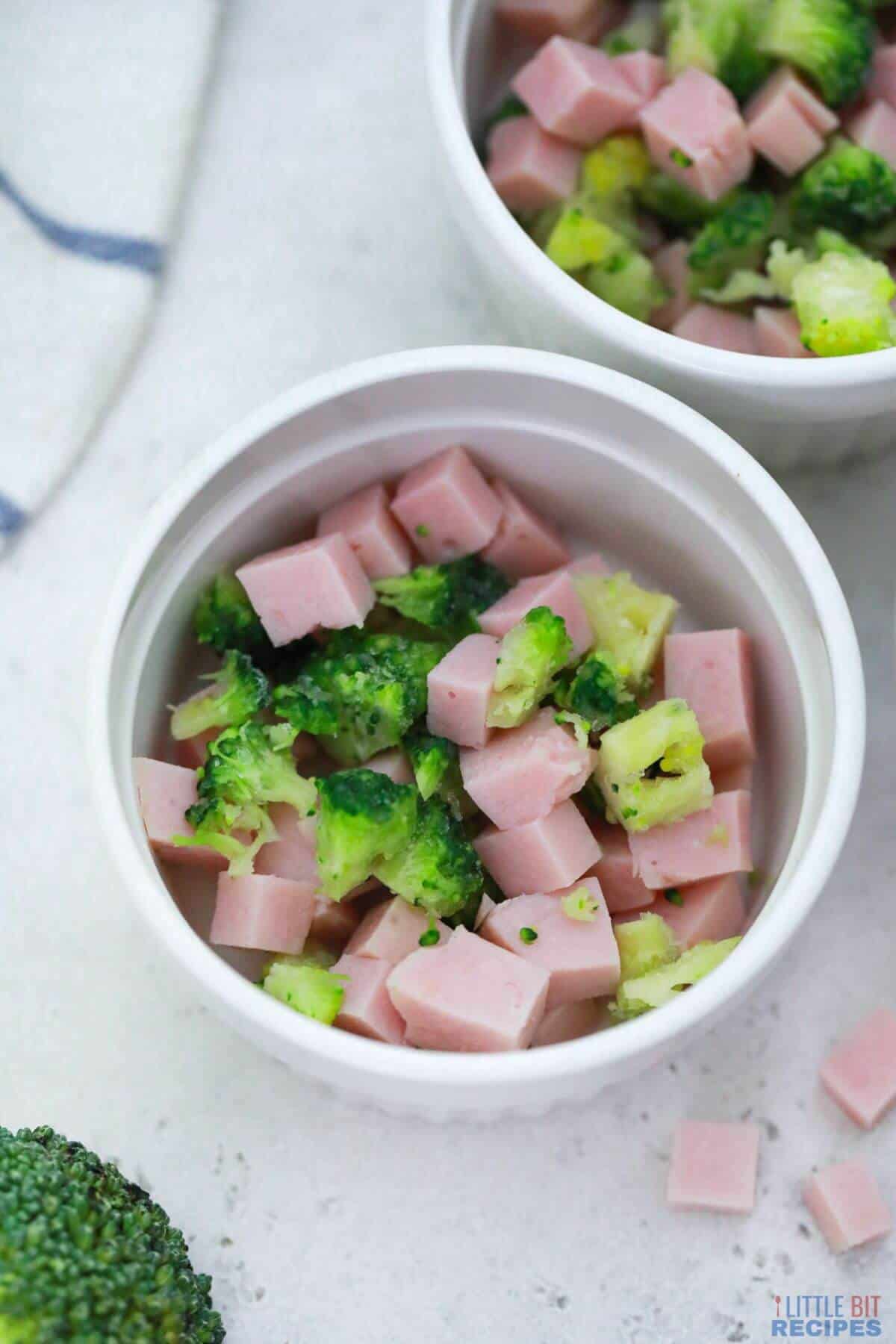 broccoli and ham in ramekins.