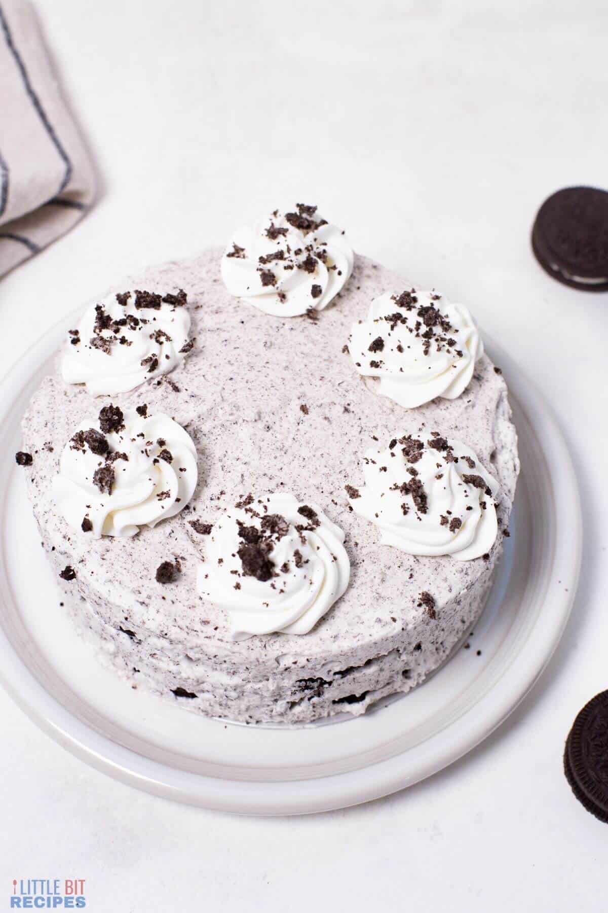 oreo mousse cake on white plate.