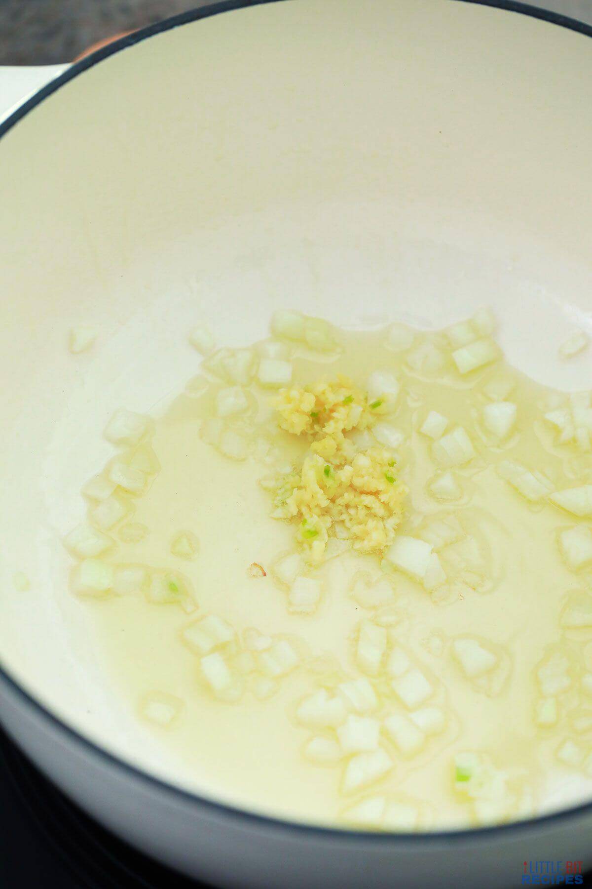cooking onion and garlic in pot.