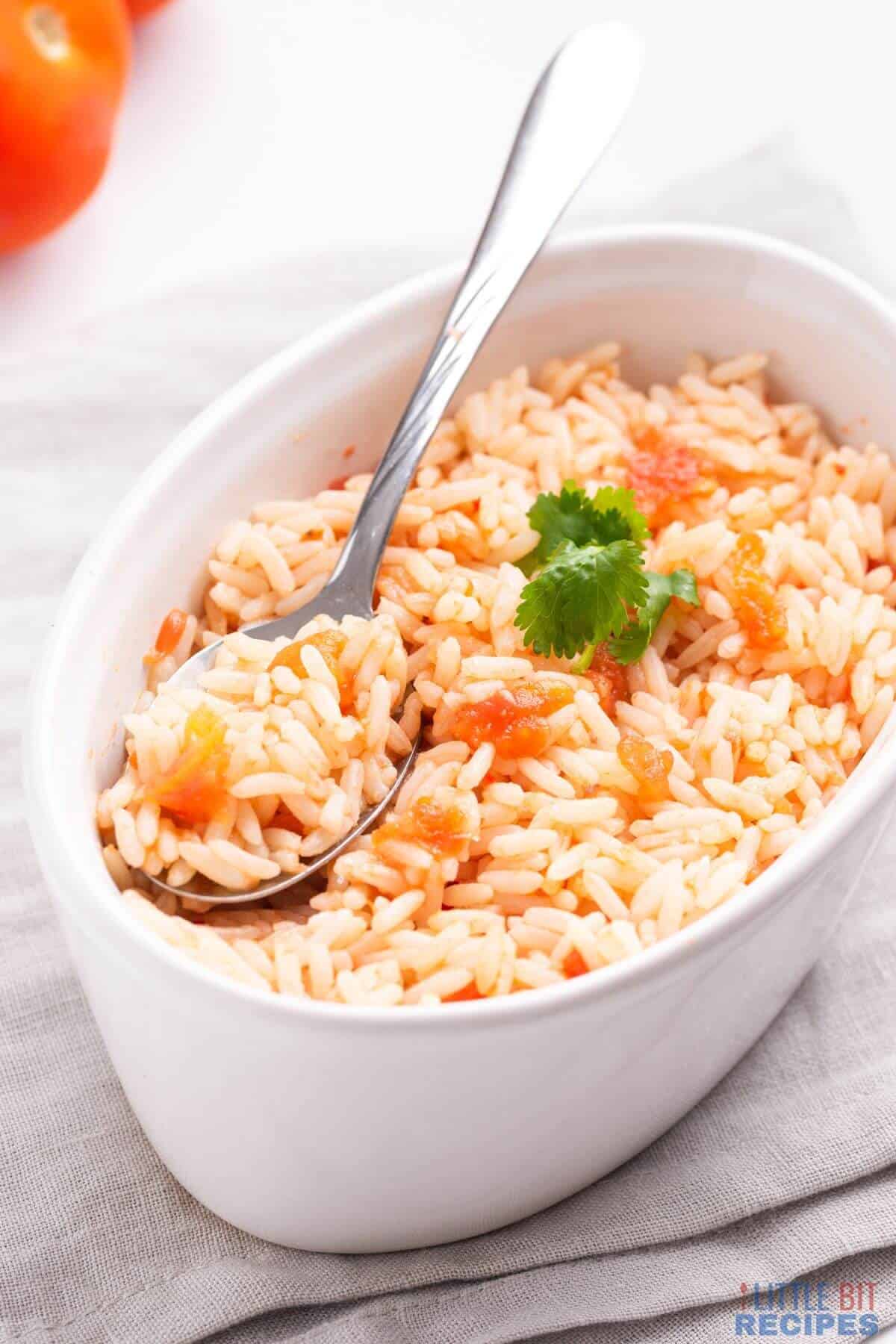 serving spoon in rice dish.