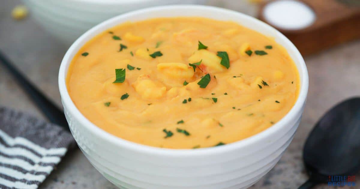 Shrimp and Corn Bisque in a serving bowl.