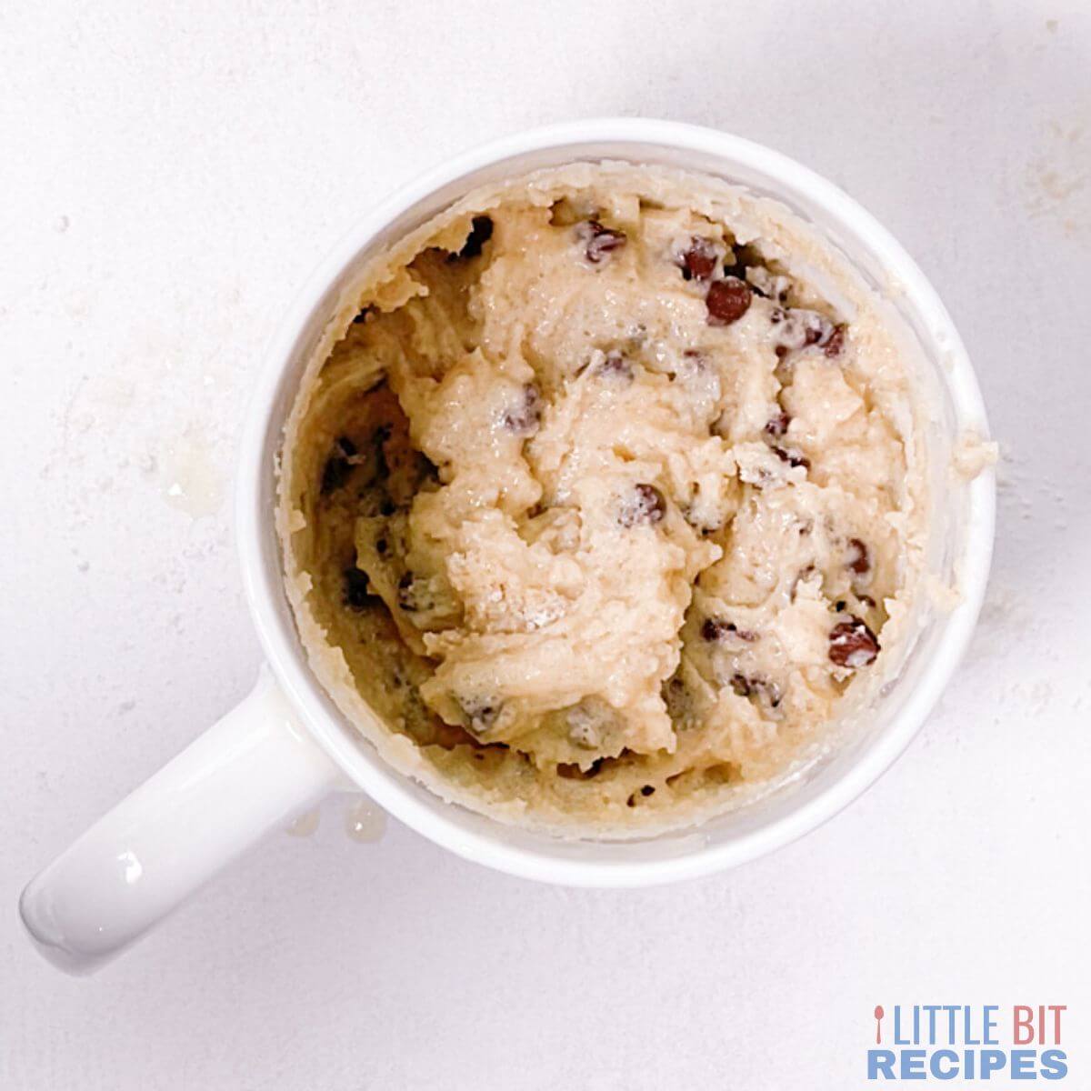 uncooked chocolate chip mug cake.