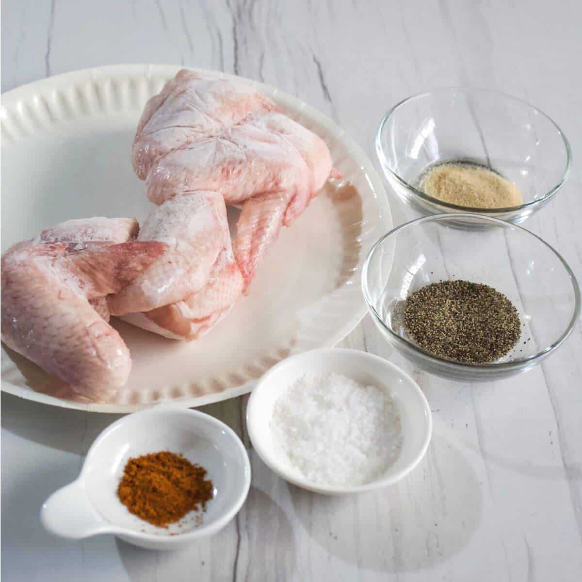 ingredients for frozen chicken wings in air fryer recipe.