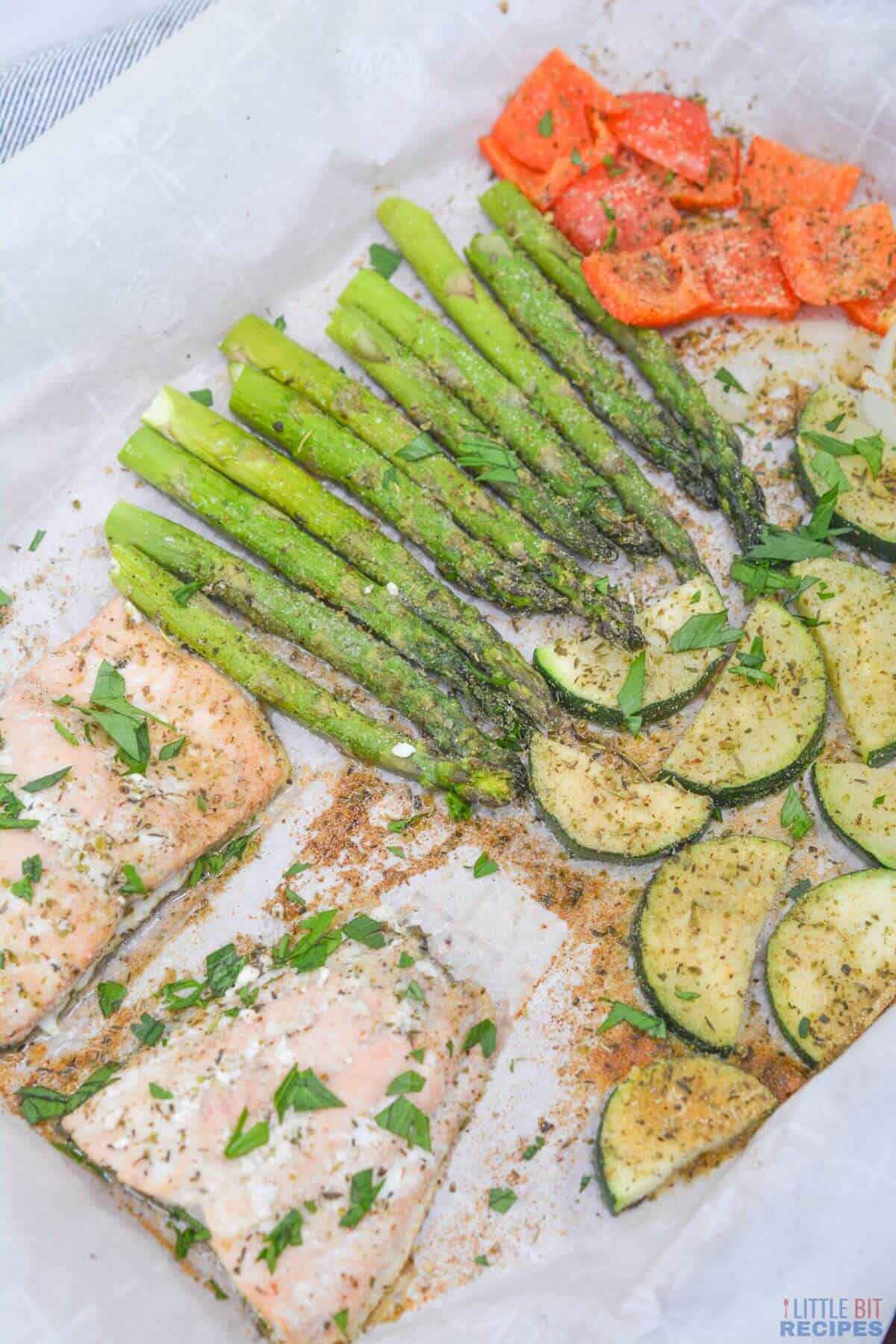 baked salmon and vegetables.