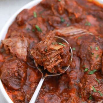 A close-up of braised short ribs, shredded into tender pieces and immersed in a thick, red sauce, served in a white bowl with a spoon lifting a portion.