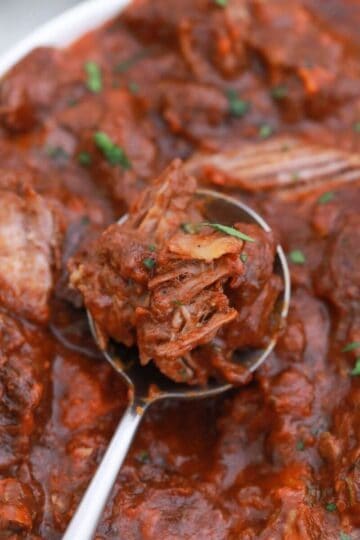 A close-up of braised short ribs, shredded into tender pieces and immersed in a thick, red sauce, served in a white bowl with a spoon lifting a portion.