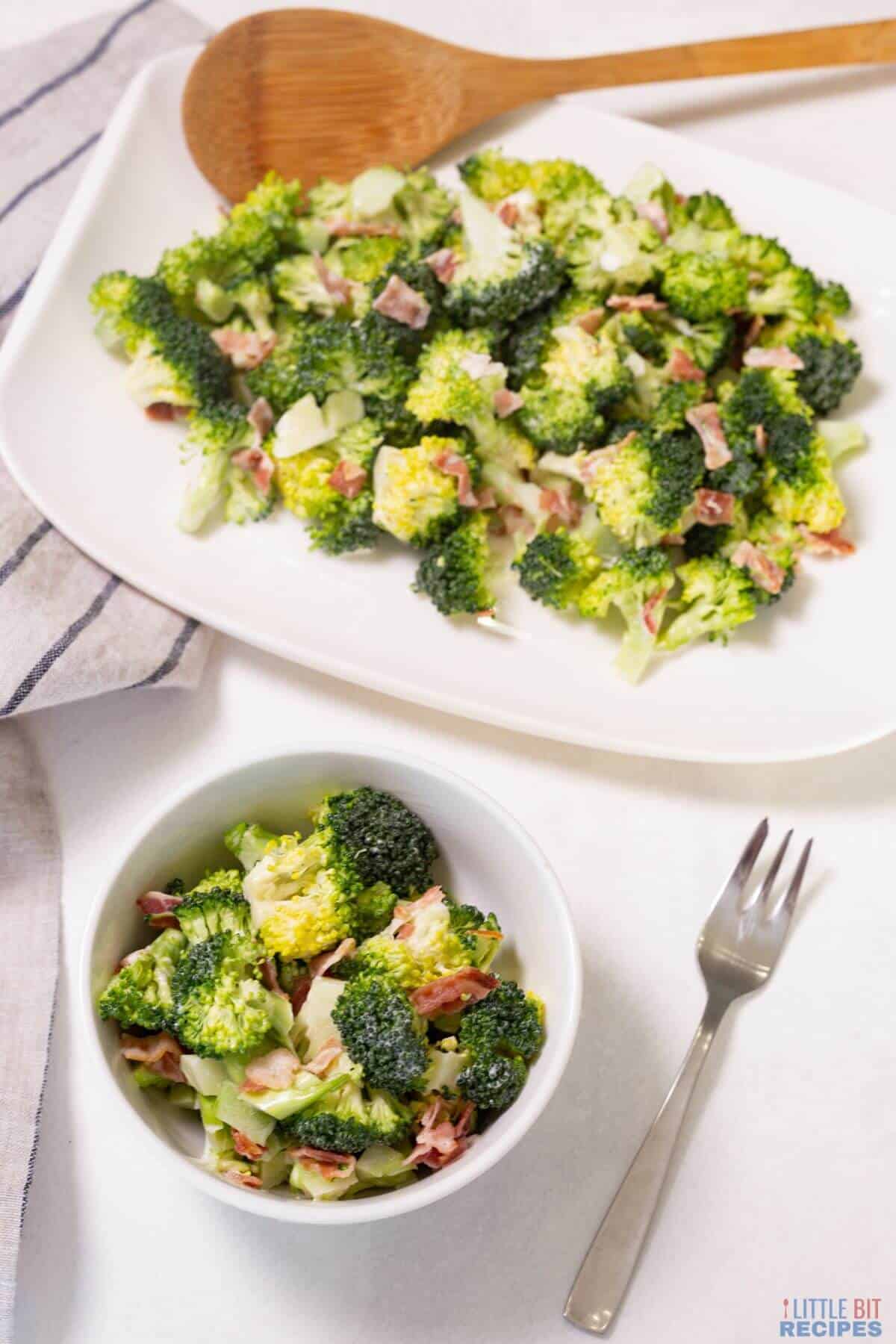 broccoli salad in small bowl and on platter.