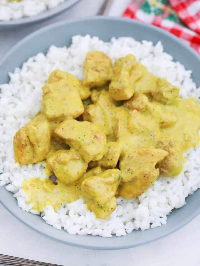 chicken curry over rice on plate.