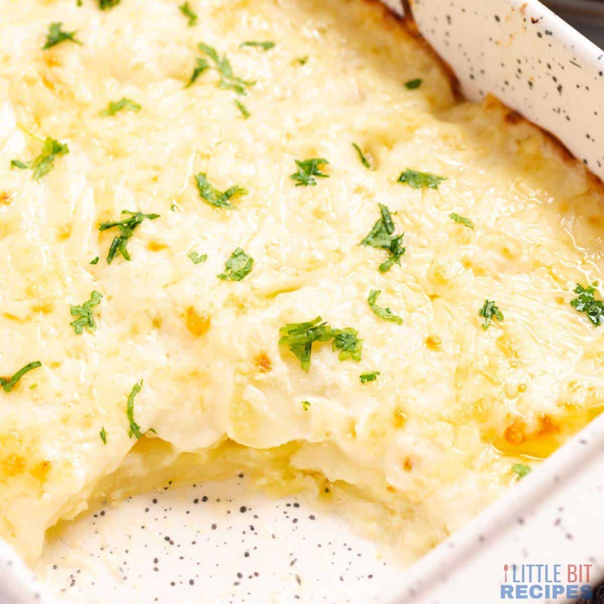 easy scalloped potatoes in casserole pan.