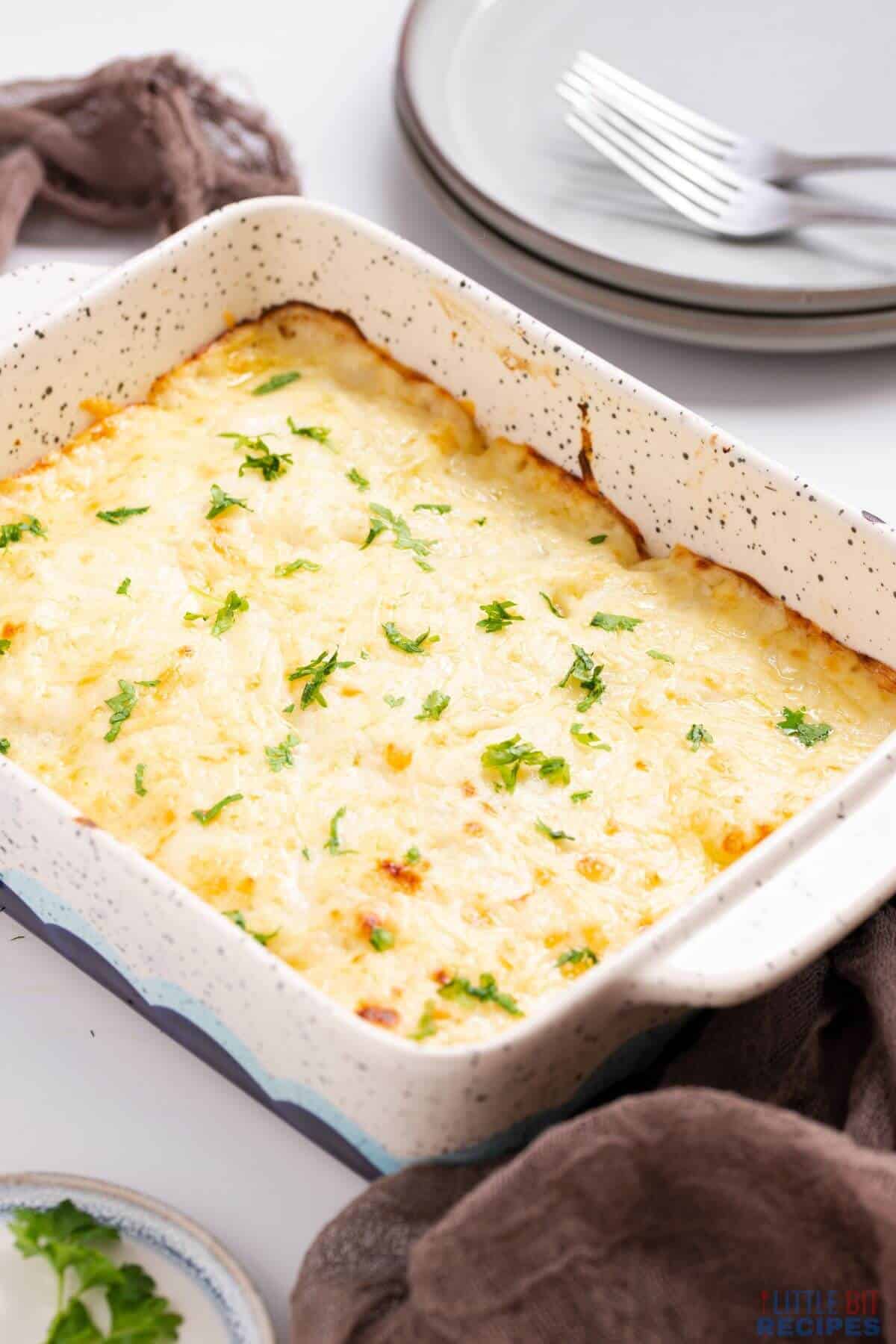 serving pan of scalloped potatoes.