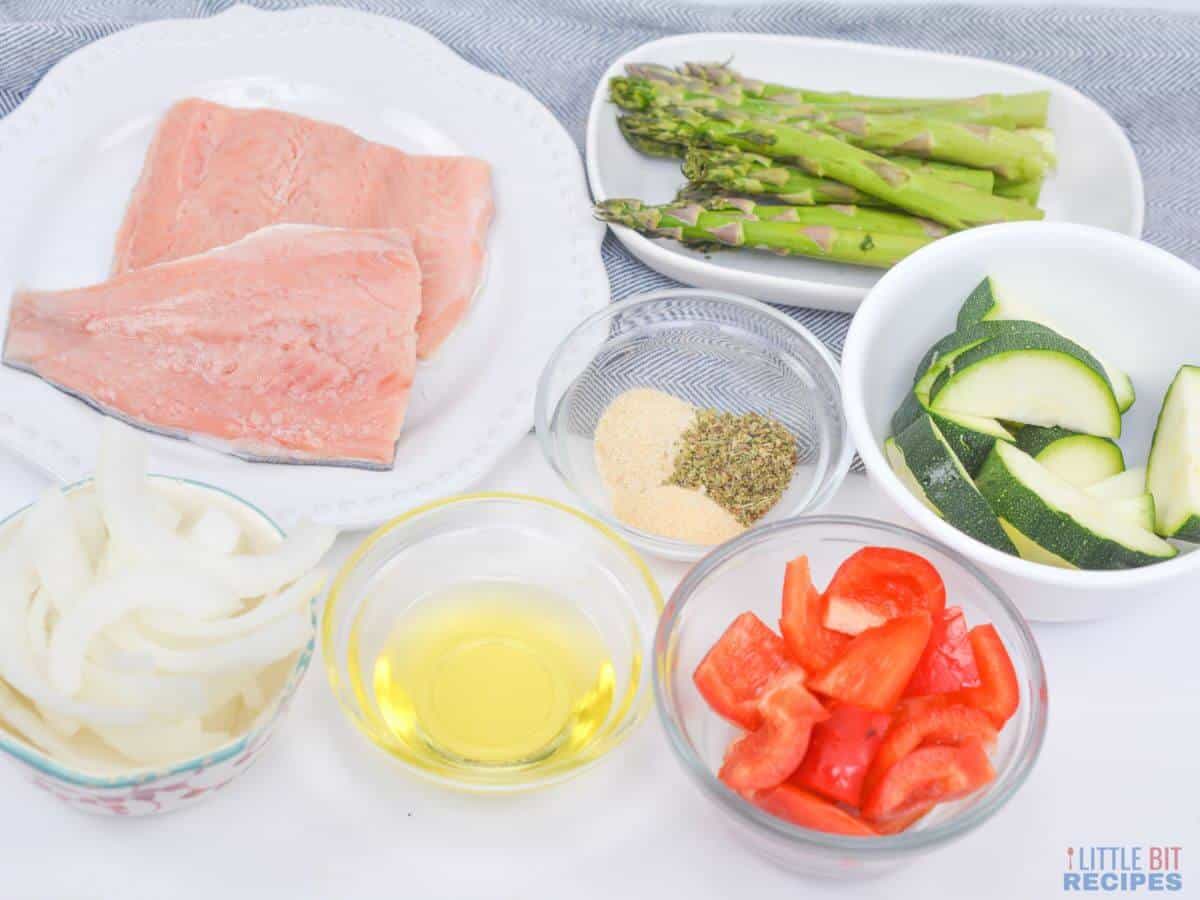 ingredients for sheet pan salmon and asparagus recipe.