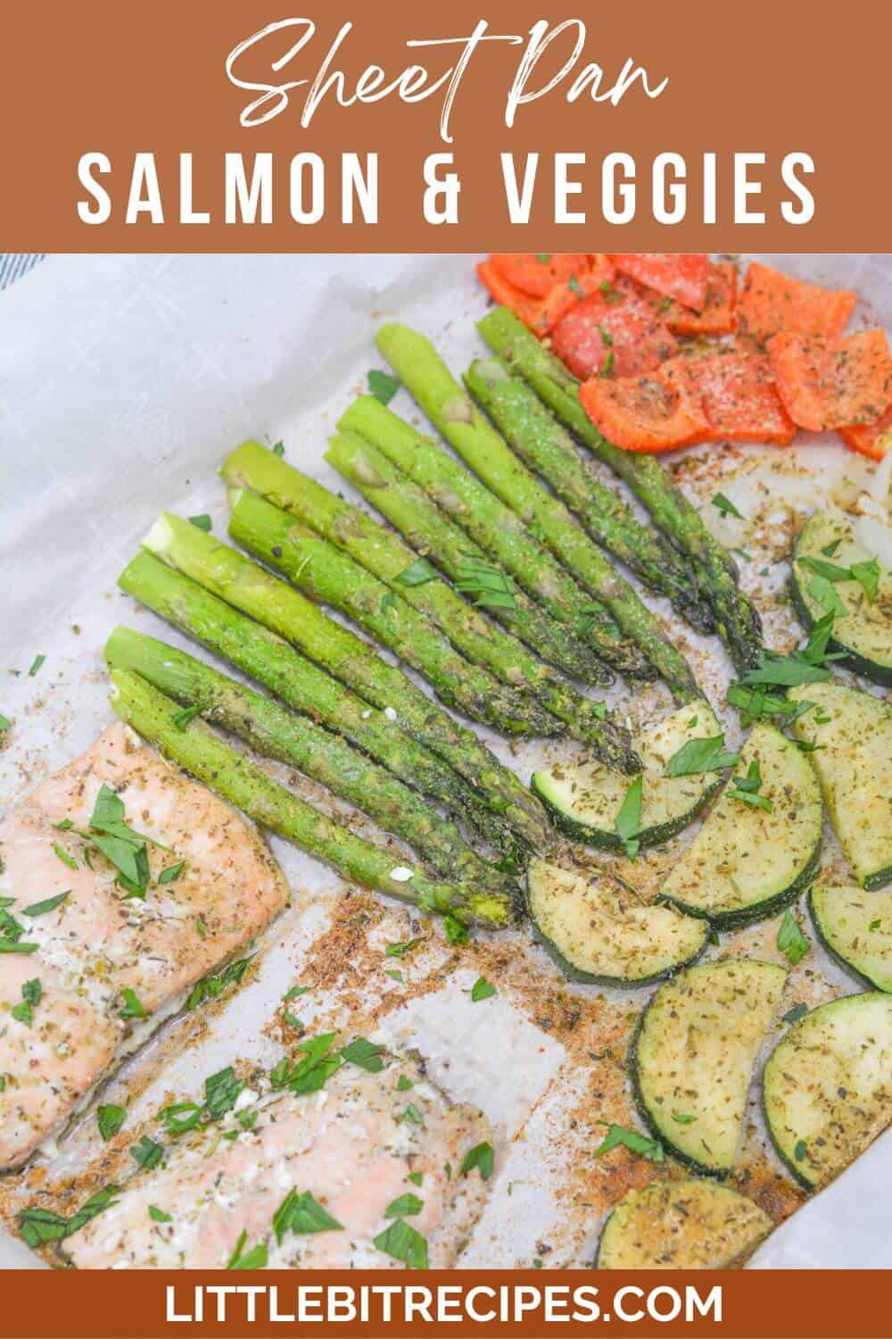 sheet pan salmon and vegetables with text.