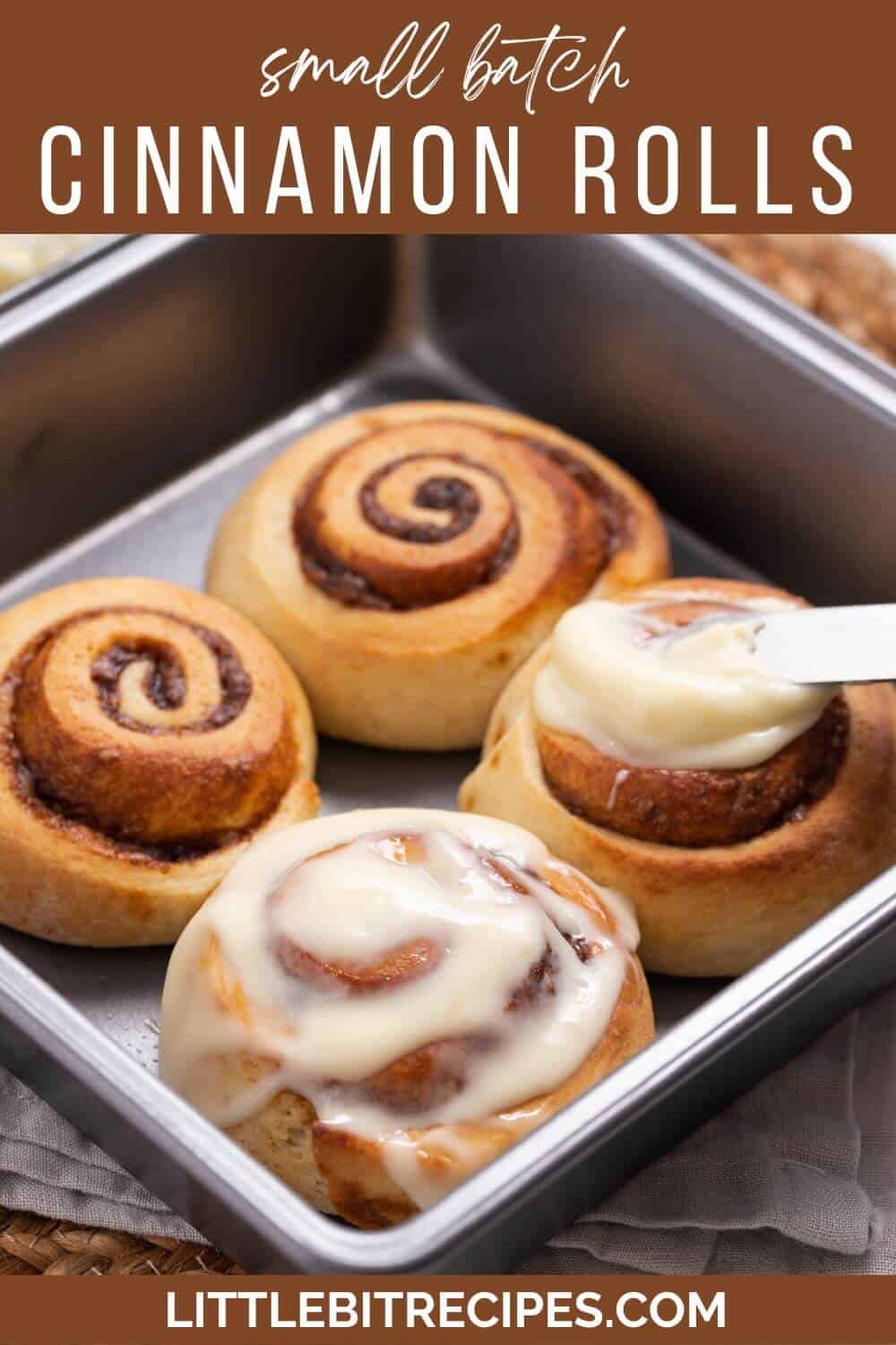 small batch cinnamon rolls with text.