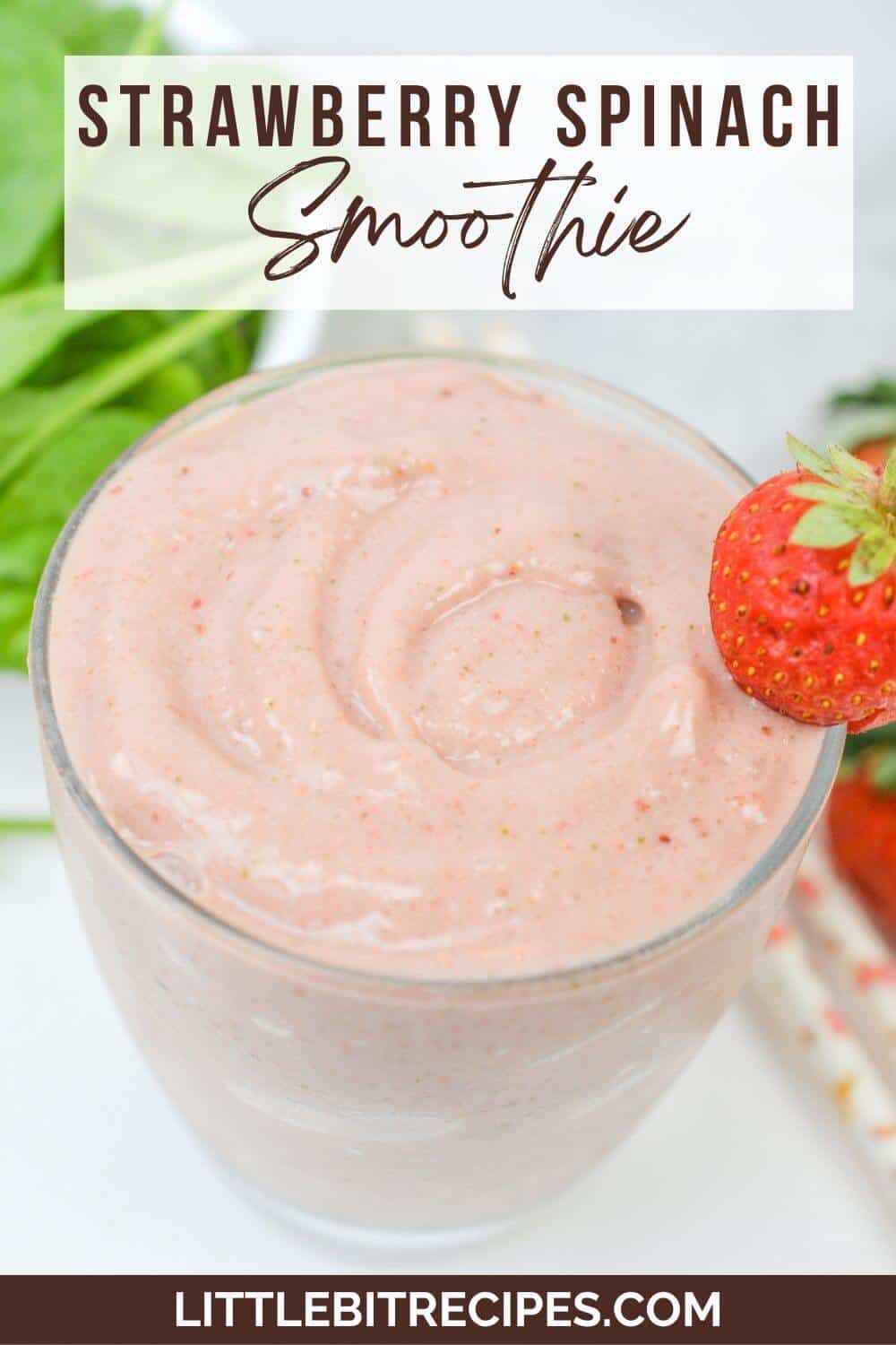 strawberry spinach smoothie with text.
