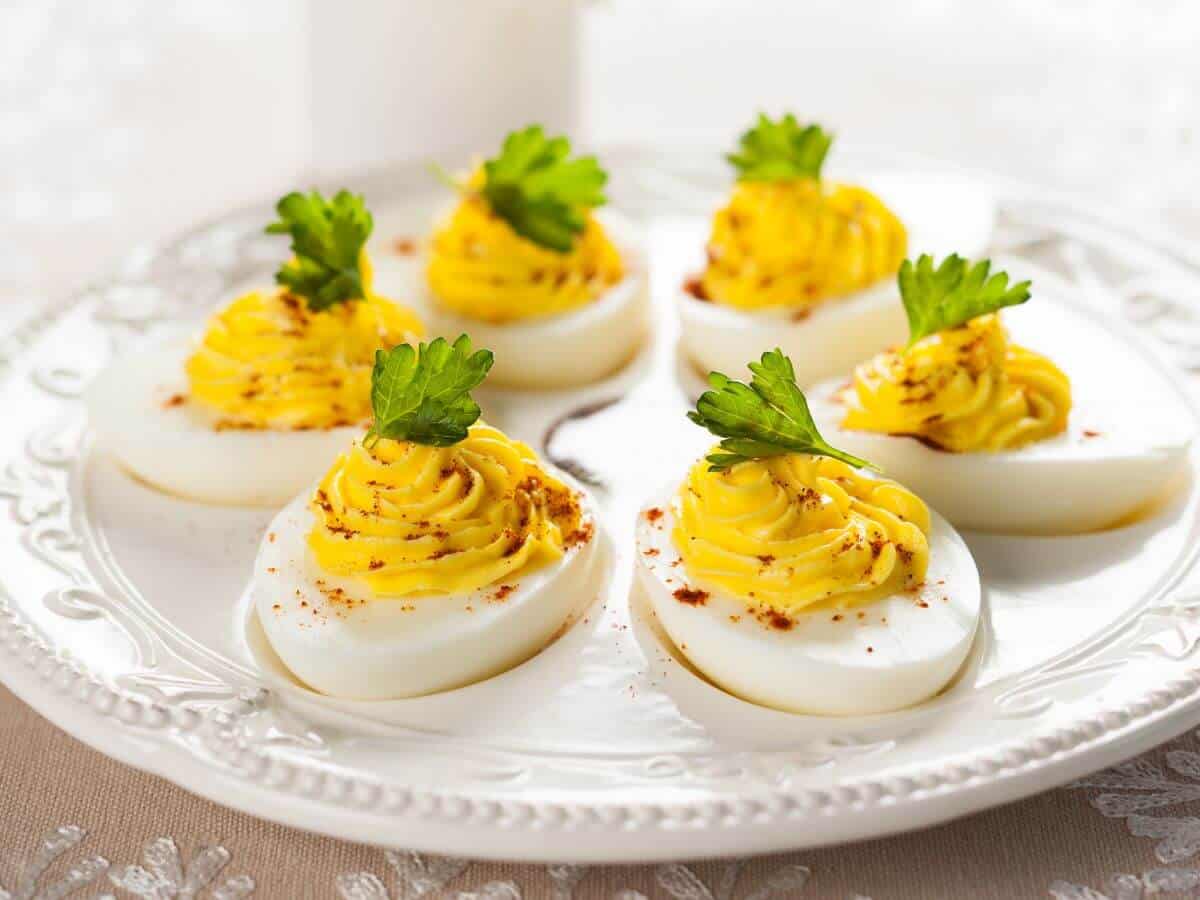 deviled eggs on a platter.