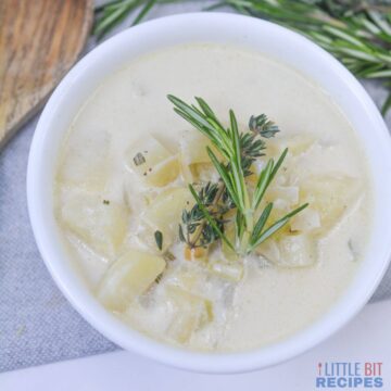 potato soup in white bowl.