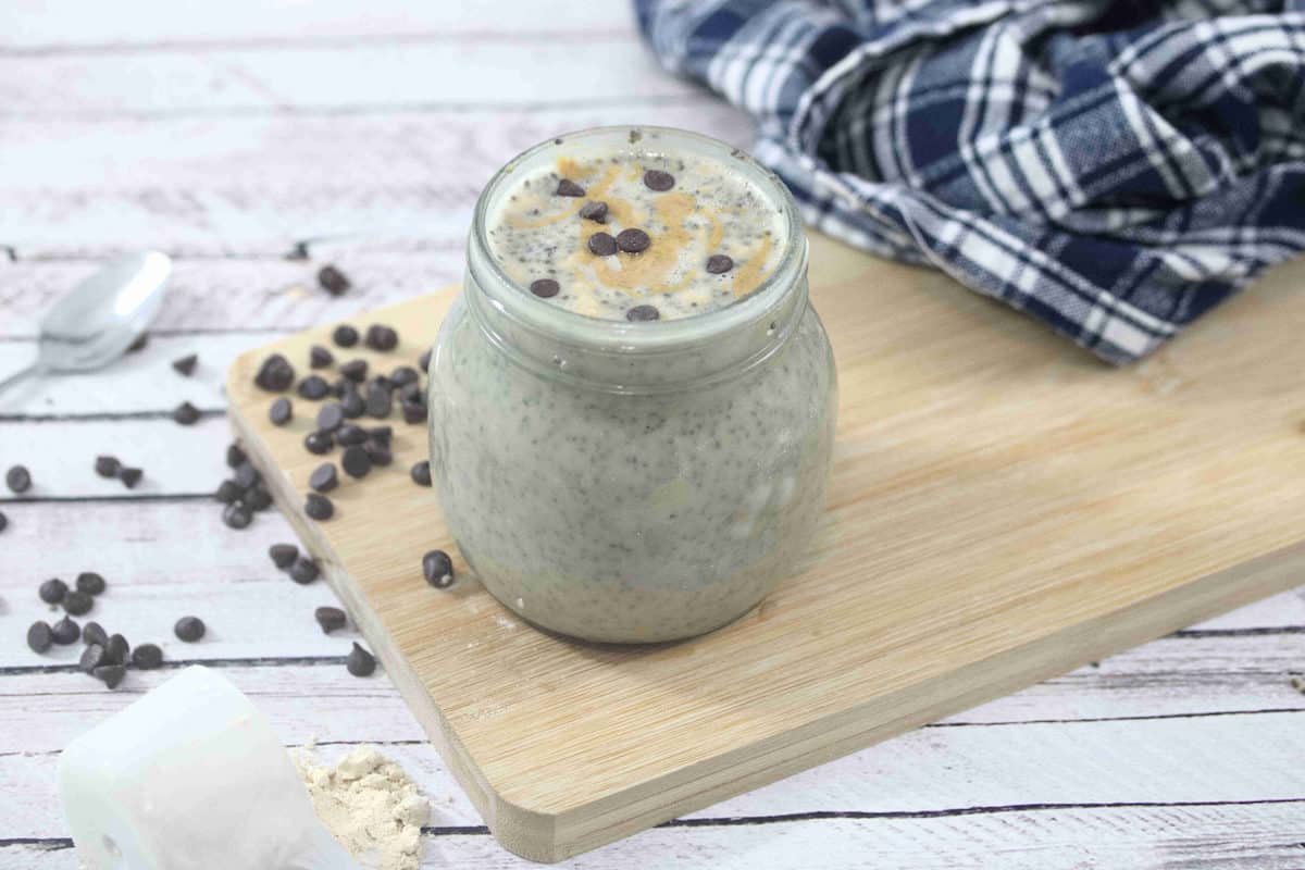 Peanut butter protein chia pudding in a jar.