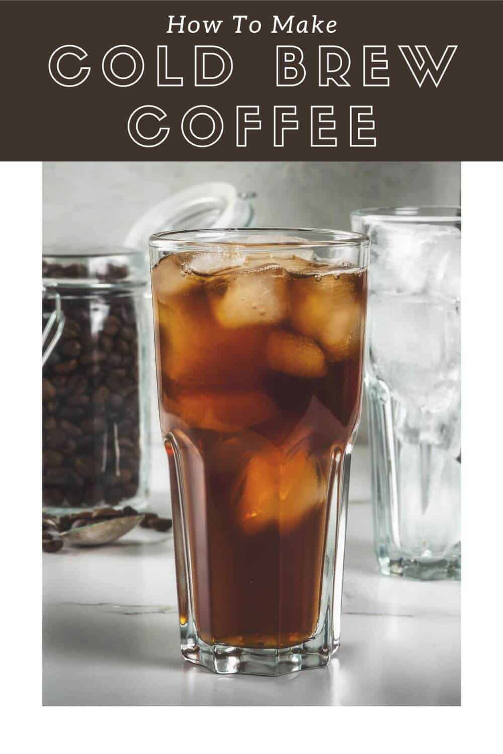 Cold brew coffee in ice with text overlay.
