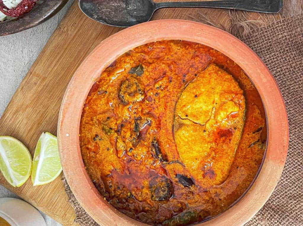 Kerala fish curry in dish.