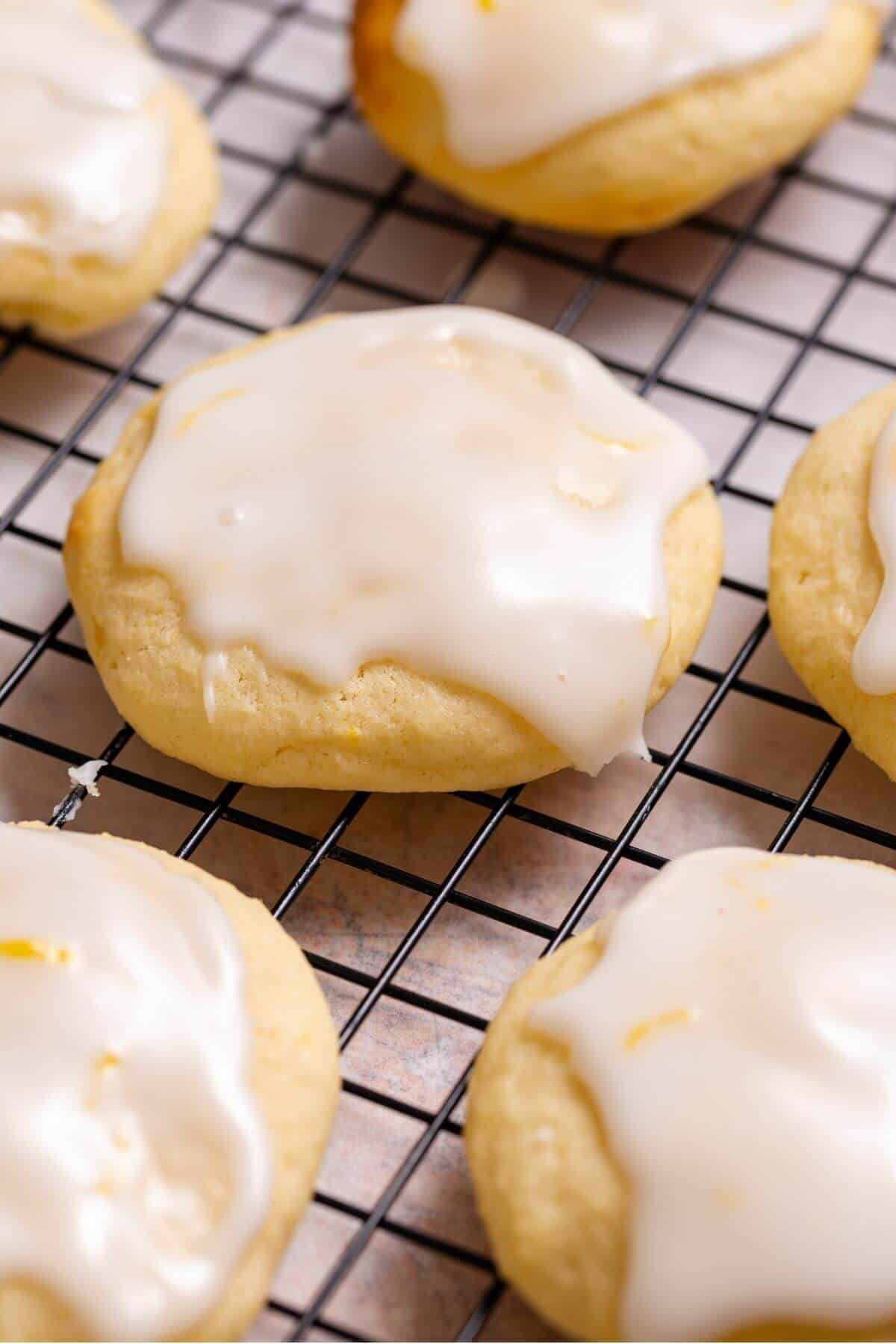 Closeup of lemon ricotta cookies on cooling rack.