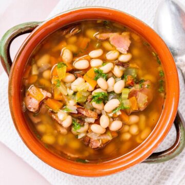 Crock of navy bean and ham soup.
