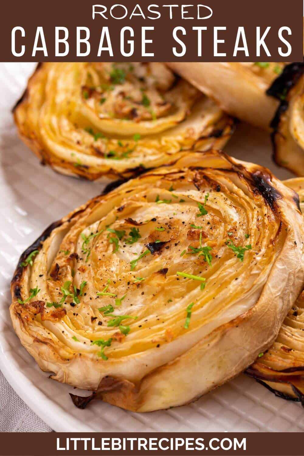 Roasted cabbage steaks with text.