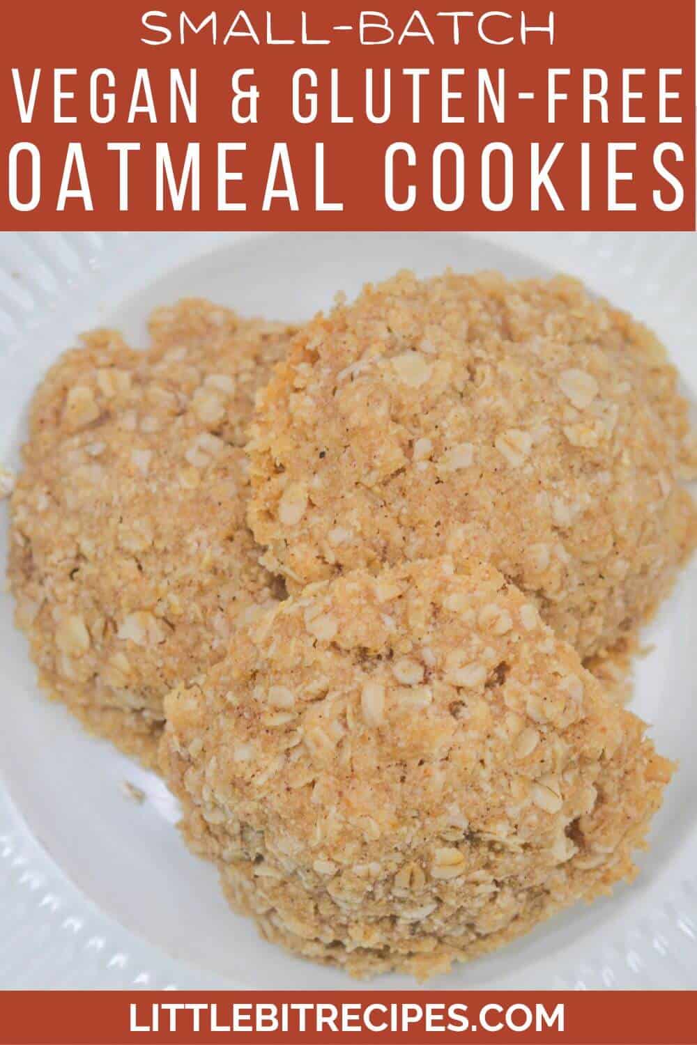 Vegan gluten-free oatmeal cookies on plate with text.
