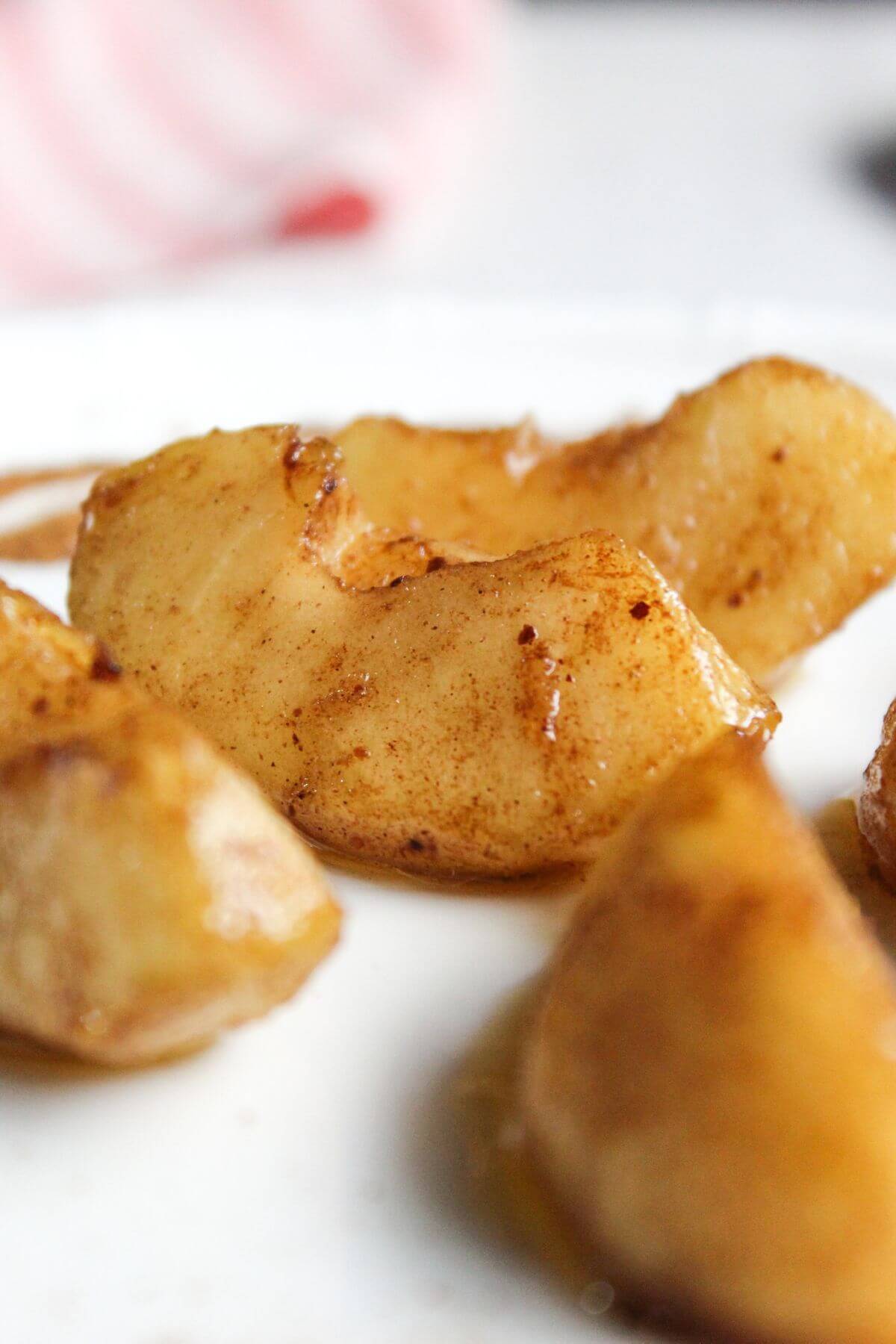 Closeup of air fryer apples.