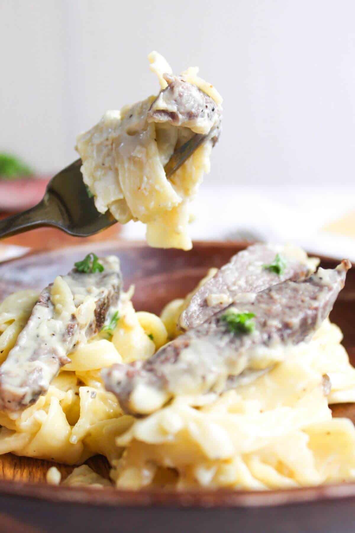 Steak and pasta on fork.