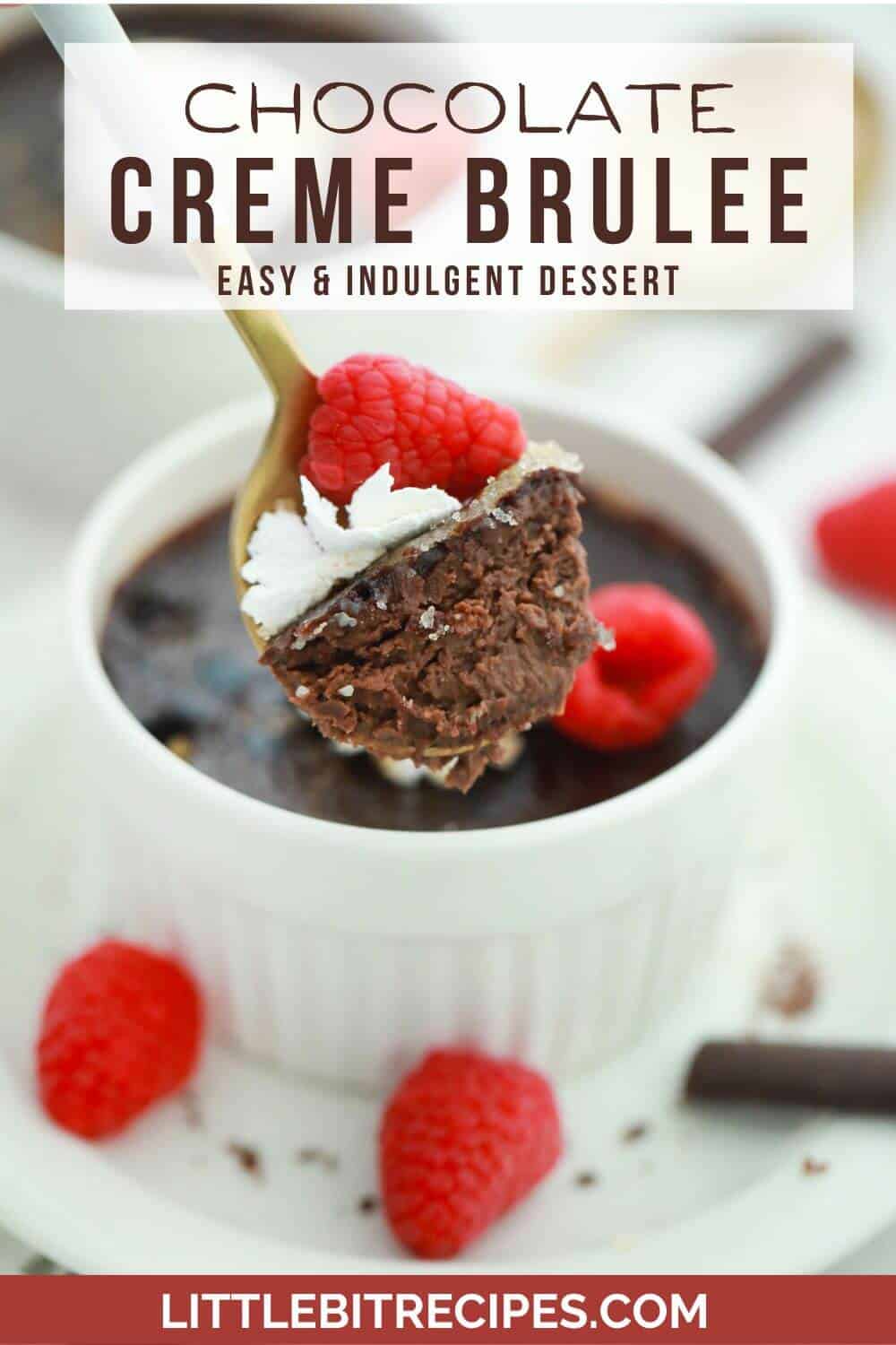 Chocolate creme brulee with text.