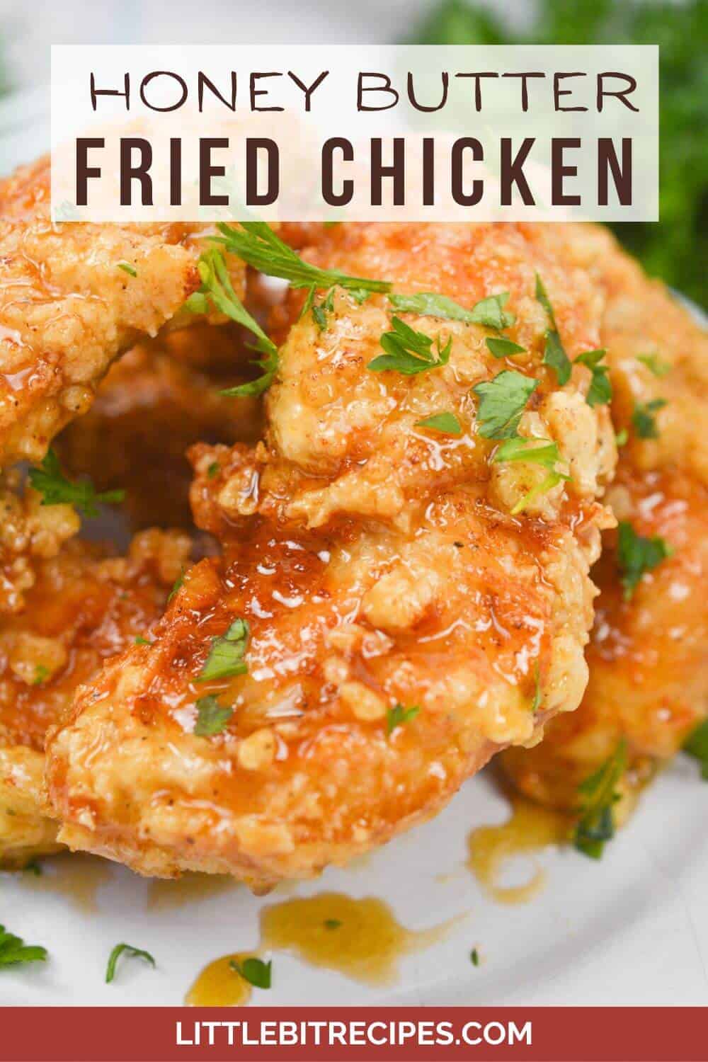 Honey butter fried chicken with text.