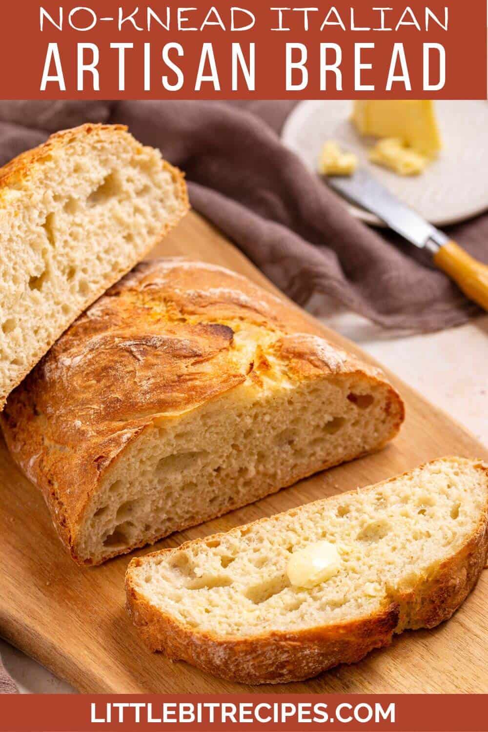 No knead Italian artisan bread with text.