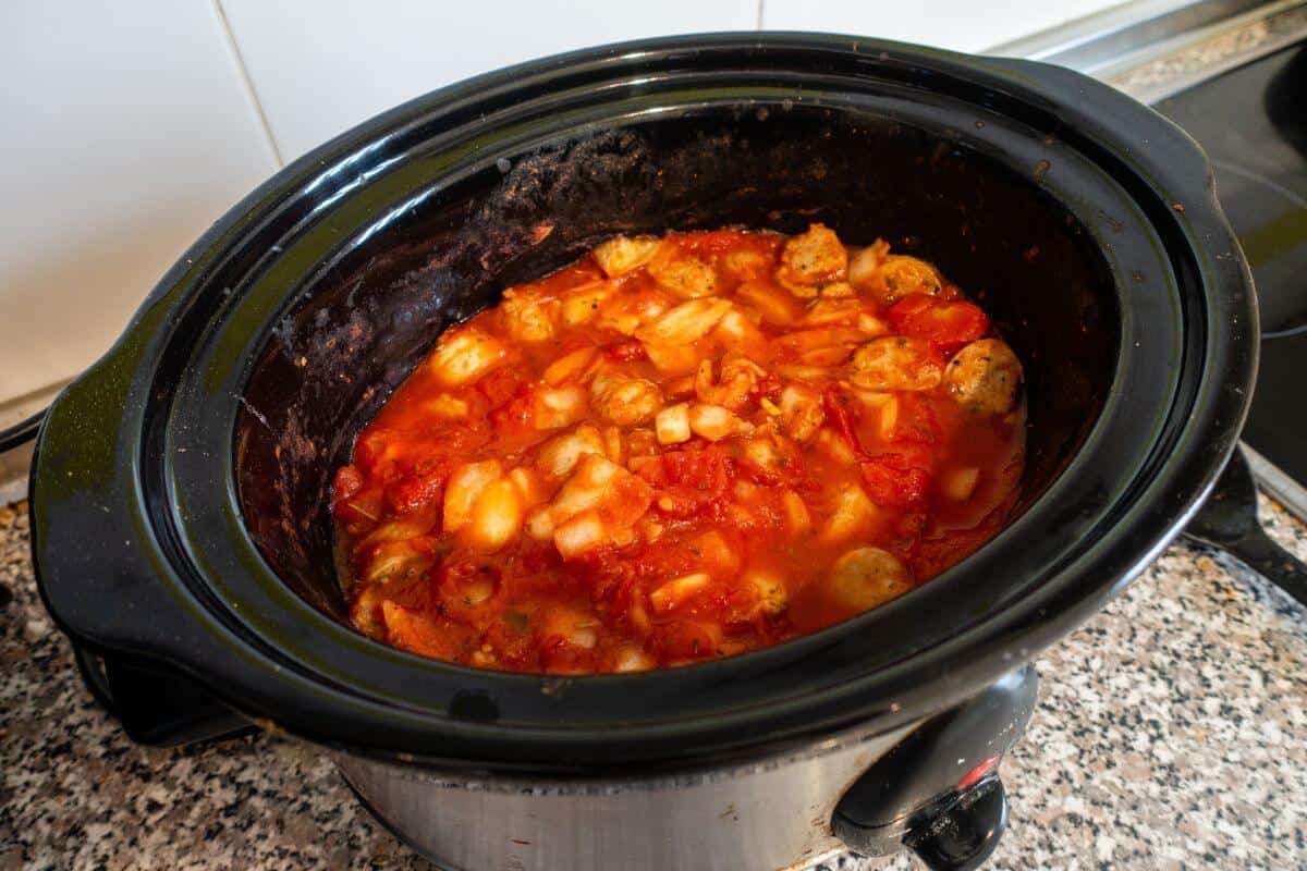 Stew in an oval slow cooker.