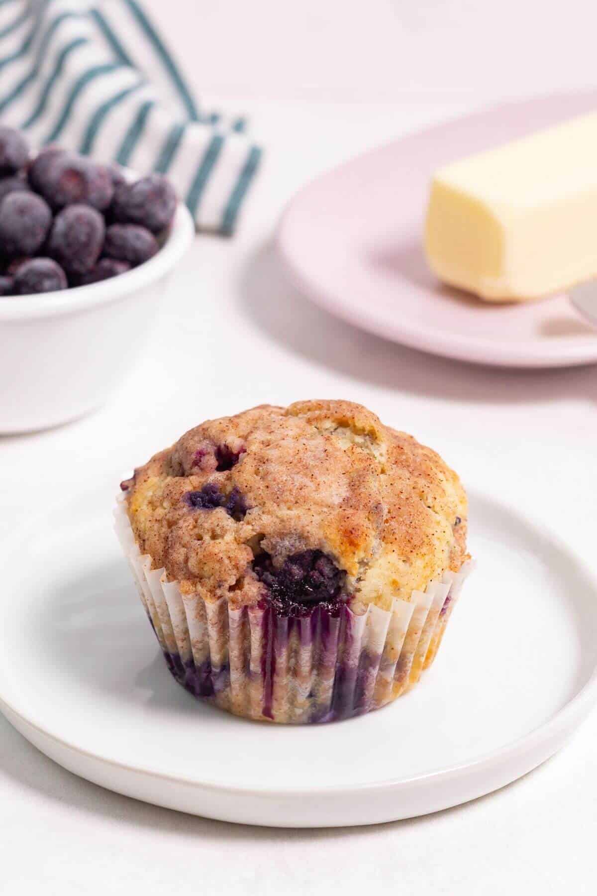 Blueberry muffin on plate with blueberries and butter.